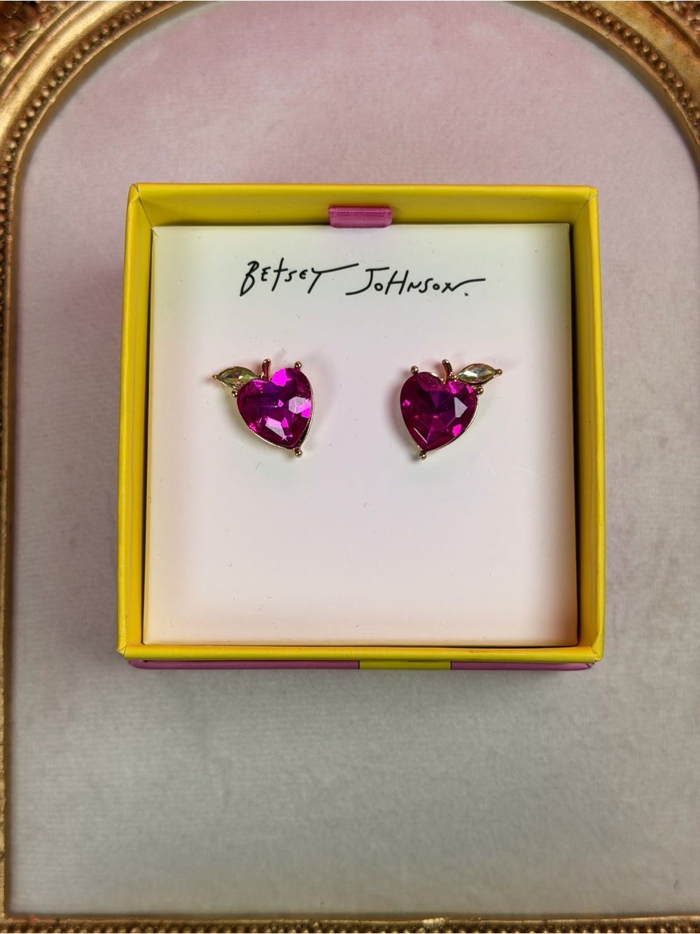 Betsey Johnson Pink Apple Crystal Stud Earrings Original Box